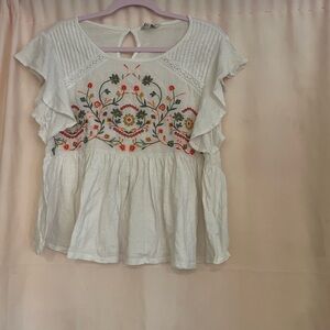 Lucky Brand White Blouse with Floral Embroidery